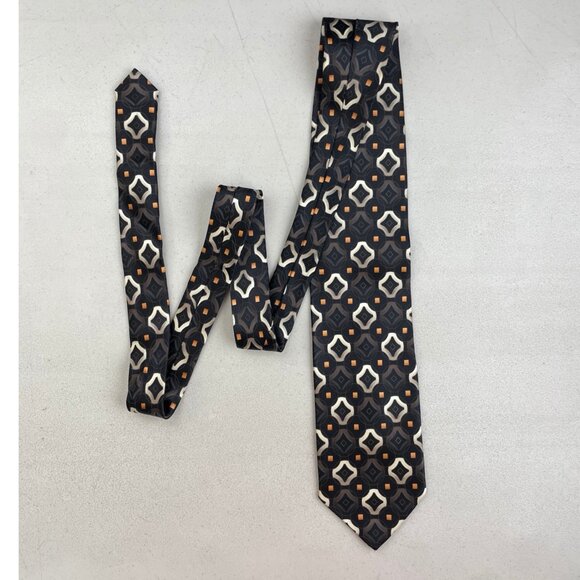Vintage Geometric Print Silk Tie 1990s Tessellation Necktie Black/Brown/Orange - Picture 2 of 3